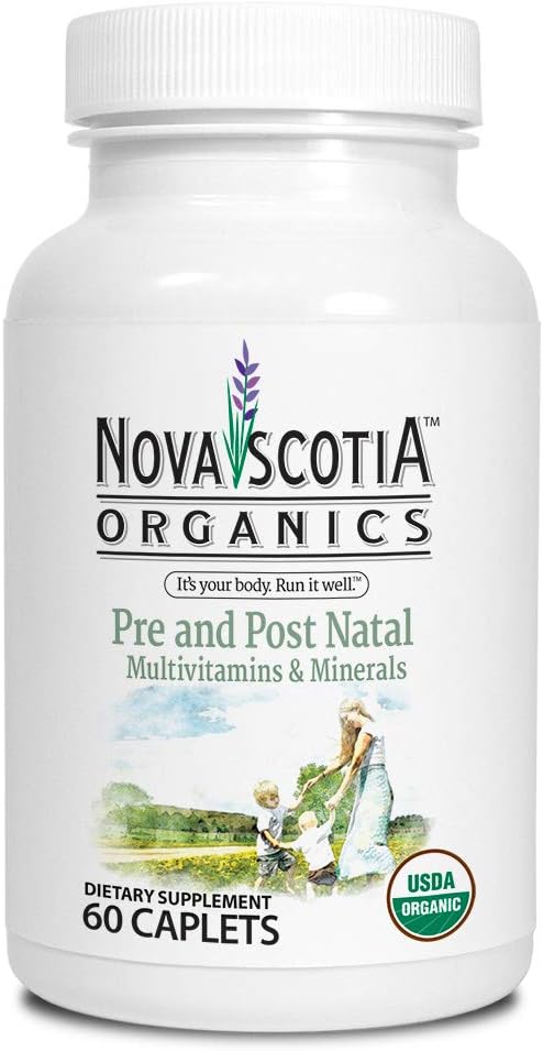 Nova Scotia Organics Prenatal and Postnatal Multivitamins & Minerals (60 Caplets); Certified Organic; Vegetarian; Whole Food Sourced Vitamins and Minerals; Natural Folate from Organic Lemon Peel