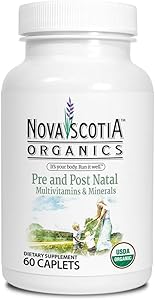 Nova Scotia Organics Prenatal and Postnatal Multivitamins & Minerals (60 Caplets); Certified Organic; Vegetarian; Whole Food Sourced Vitamins and Minerals; Natural Folate from Organic Lemon Peel
