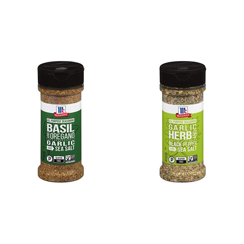McCormick Basil, Oregano, Garlic & Sea Salt All Purpose Seasoning, 3.25 oz & Garlic, Herb, Black Pepper & Sea Salt All Purpose Seasoning, 4.37 oz