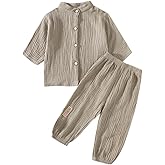 Baby Boys Girls 2Pcs Linen Clothes Set Button-down Long Tops+Elastic Cotton Gauze Long Pants