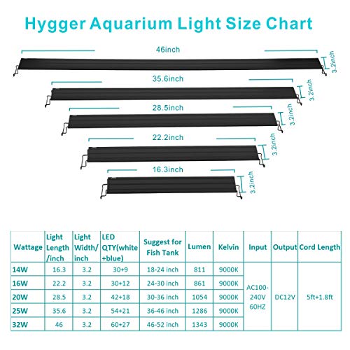 hygger Adjustable Aquarium Light 14W Blue White LEDs with Aluminum