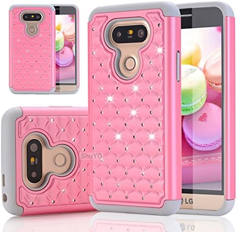 LG G6 Case, ShuYo [Twinkle Series] Hard PC with Soft Rubber Heavy Duty Dual Layer Hybrid Armor Bling Diamond Defender Case Cover For LG G6 - Rose Gold/Grey