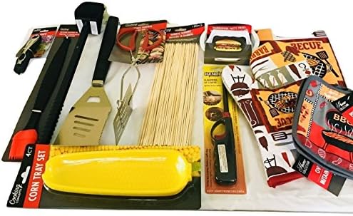 Meant for You 17 Pc Barbeque Tool Set includes BBQ Fork, Spatula, Brush, Thong Turner, 100 Skewers, Hamburger Maker, 4 Corn Trays, Lighter, 2 potholders, Kitchen Towel, Oven Mitt, Deluxe BBQ Thong