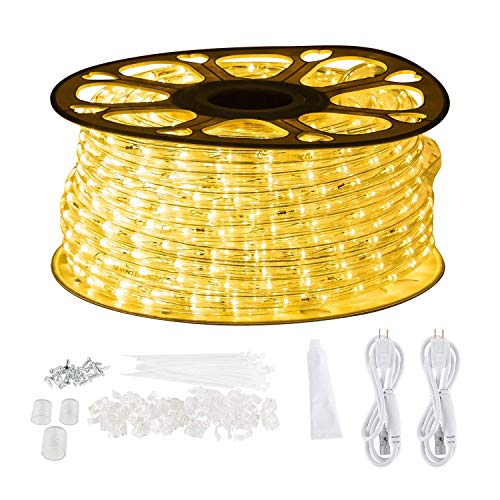 GuoTonG 131.2ft Plugin Rope Lights, 1440 Warm White LEDs, 110V, 2 Wire, Waterproof, Connectable, Power Socket Connector Fuse Holder, Indoor/Outdoor Use, Ideal for Backyards, Decorative Lighting