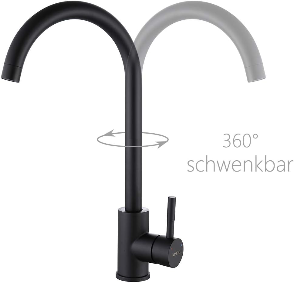 KINSE Kitchen Mixer Tap, 360° Swivel Kitchen Sink Faucet, Stainless Steel, Single-Handle, Black, C-Spout - Image 4