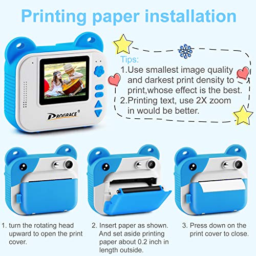 PROGRACE Instant Print Camera for Kids, Kids Instant Camera for Travel Learning Birthday Gift, Portable Digital Creative Print Camera for Boys Zero Ink Kids Camera Toy with Print Paper(Blue)