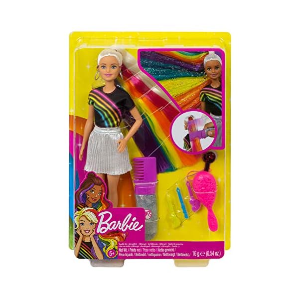 Barbie FXN96 - Regenbogen-Glitzerhaar Puppe mit Langen blonden Haaren, versteckter Regenbogen aus fünf Farben, Glitzergel, Haarbürste,Haarstyling-Zubehör, Spielzeug Geschenk für Kinder ab 5 Jahren – Bild 7