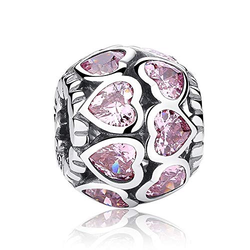 FeatherWish Forever Love Heart Pink Charm Sterling Silver 925 Fits And Compatible With Pandora Bracelets Gift For Birthday Mum Sister Daughter Girlfriend Wife
