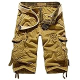 Leward Mens Casual Slim Fit Retro Cotton Solid Multi-Pocket Cargo Capri Camouflage Shorts (32, Khaki)