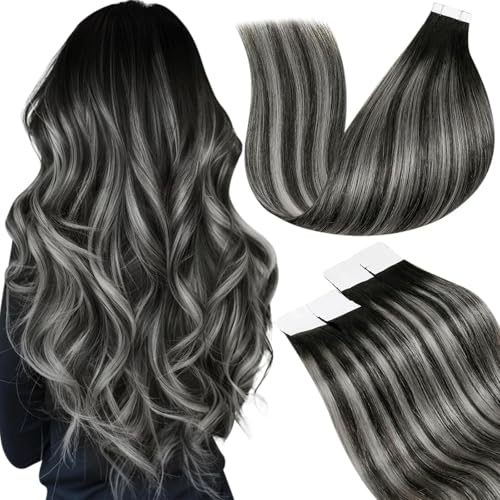 Laavoo Invisible Tape Extensions Echthaar Blayage Schwarz Echthaar Extensions Tape In Ombre Schwarz Silber Remy Tape In Haarverlängerung Echthaar 35Cm 50G 20Pcs #1B/S/1B