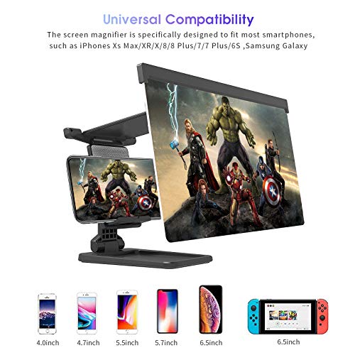 12’’ Screen Magnifier, 3D HD Mobile Phone Screen Amplifier for Movies, Videos, Reading, Gaming, with Foldable Phone Stand, Compatible with All Smartphones(Black)