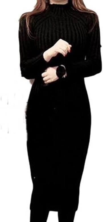 Amazon シスタームーン Sistermoon ニット ロング タイト ハイネック ワンピース マキシ シンプル ワンピ ケーブル編み 長袖 厚手 あったか エレガント ブラック ワンピース チュニック 通販