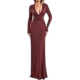 Long Sleeve V Neck Long Dress Bodycon Maxi Ruched Sexy Backless Tie Wedding Guest Formal Fall Dresses for Women