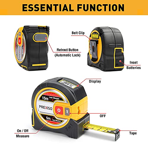 PREXISO [Metric Only] Laser Tape Measure, 2in1 Laser Measure 15m