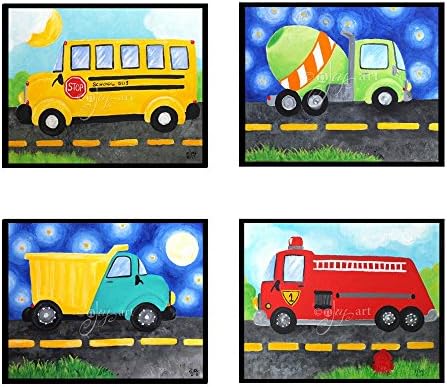 4 Transportation Prints, 8"x10" art prints of a dump truck, fire engine, cement mixer and school bus for kids room or nursery. Frames not included.