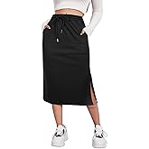 SOFIA'S CHOICE Women's Midi Skirt Drawstring High Waist Sweat Skirts with Pockets