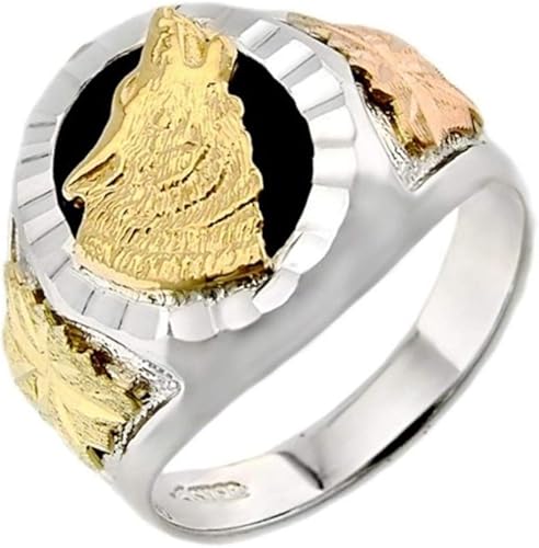 Men S Sterling Silver 10k Yellow Gold Wolf Onyx Ring 12k Green And Rose Black Hills Gold Amazon Com