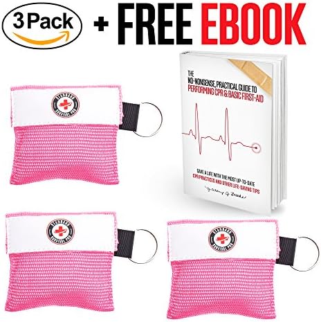 Standard Survival Pro's LifePack (TM) CPR Keychain (3 pack) + Free CPR &amp; First-Aid eBook! With Gloves and One-Way Face Shield Mask, Durable, Portable and Effective! (Pink) 1-Year Warranty