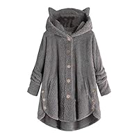 Namever Cute Women Winter Cute Cats Ears Hooded Irregular Hem Buttons Jacket Fleece Coat Dark Grey S
