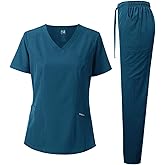 Dagacci Medical Uniform Women's Scrub Set 4-Way Stretch Y-Neck Stitch Tape Top and Pants