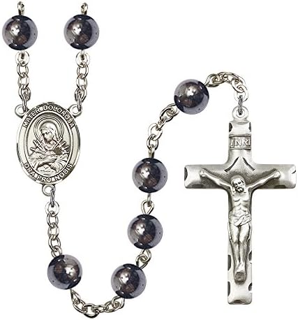 Silver Finish Mater Dolorosa Rosary with 8mm Hematite Beads, Mater Dolorosa Center, and 1 3/4 x 1 inch Crucifix, Gift Boxed