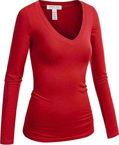 Emmalise Women's Casual Basic V-Neck Tshirt Long Sleeves Tee Top - Red, S