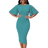 Bdwinz Women's Basic Bodycon Ruffle Flared Short Sleeve Pencil Midi Dress