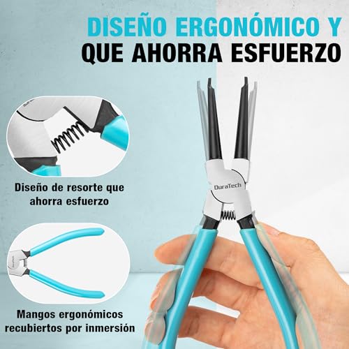 DURATECH 4 Piezas Alicates Circlip de 180 y 165 mm con Mango Antideslizante | Alicates para Anillos de Retención Internos y Externos, Puntas Rectas y Curvas, Acero al Carbono, Bolsa de Almacenamiento
