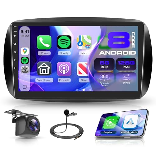 Rimoody 8 Core 6G+128G Android Autoradio per Mercedes Smart 453 Fortwo 2014-2020 Wireless Carplay Android Auto GPS WiFi 360° Panorama, 9 Pollici Touchscreen Bluetooth FM/RDS/DSP Telecamera Posteriore