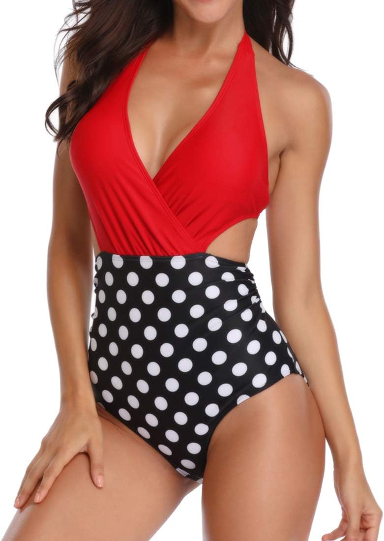 Women's One Piece Swimsuit Deep V-Neck Halter Monokini High Waist Plus Size