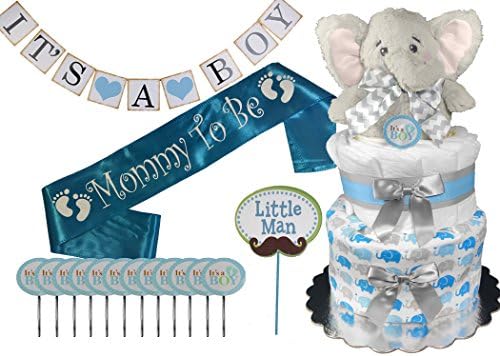 Complete Baby Shower Package for a Boy - Elephant Diaper Cake Sash and Banner