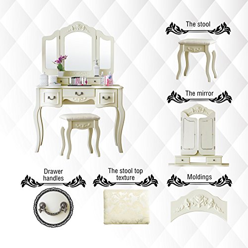 Fineboard FB-VT04-IVW Vanity Beauty Station Makeup Table and Wooden Stool 3 Mirrors and 5 Organization Drawers Set, Ivory White