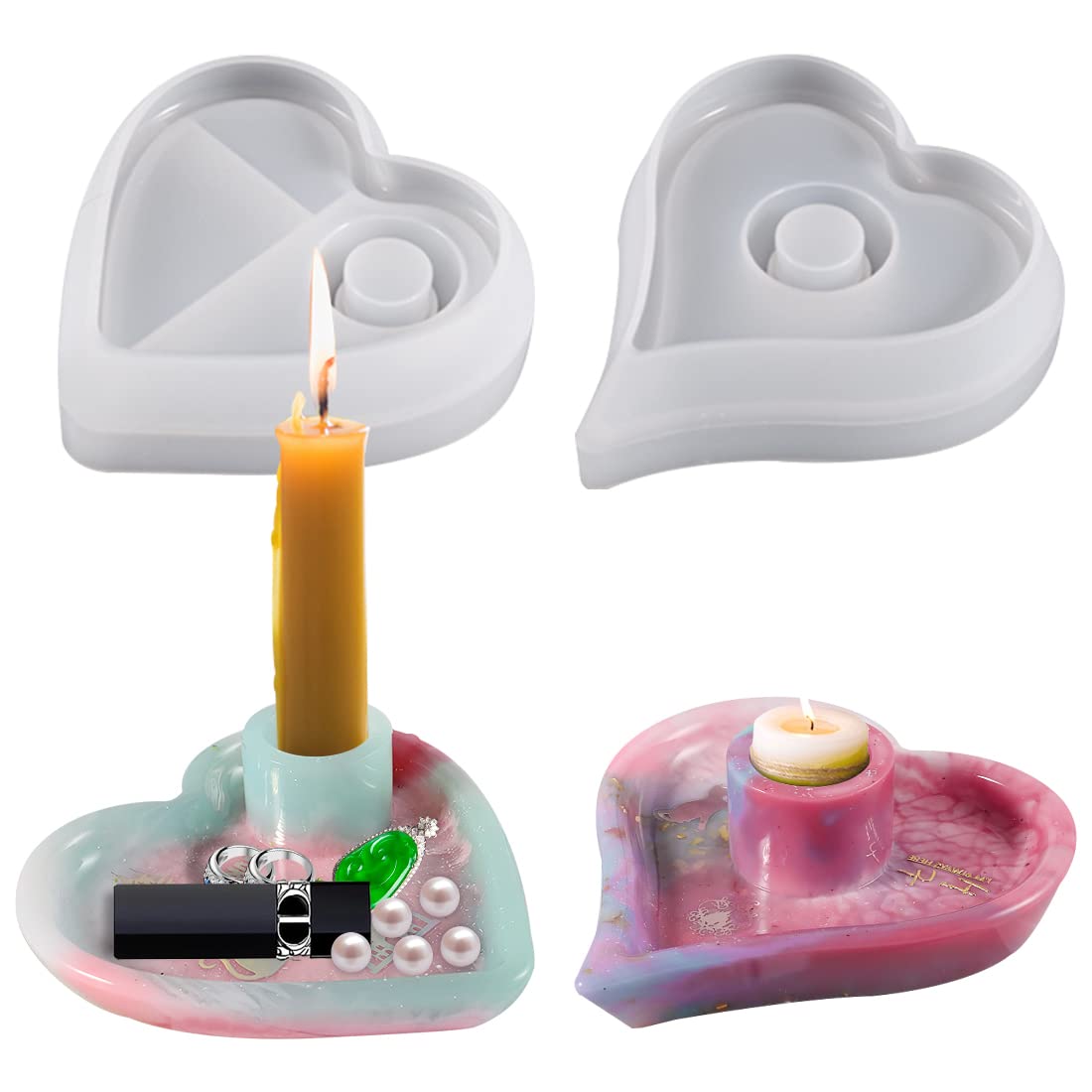 Voyyphixa 2PCS Heart Shape Resin Candle Holder Moulds, Heart Resin Moulds Tealight Holders Silicone Moulds for Resin Casting Candlestick Mould DIY Jewellery Storage Containers Home Decoration
