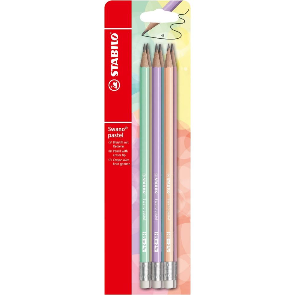 STABILO Swano Pastel - Graphite Pencil with Eraser - Pack of 6 - Assorted Colours - Degree HB