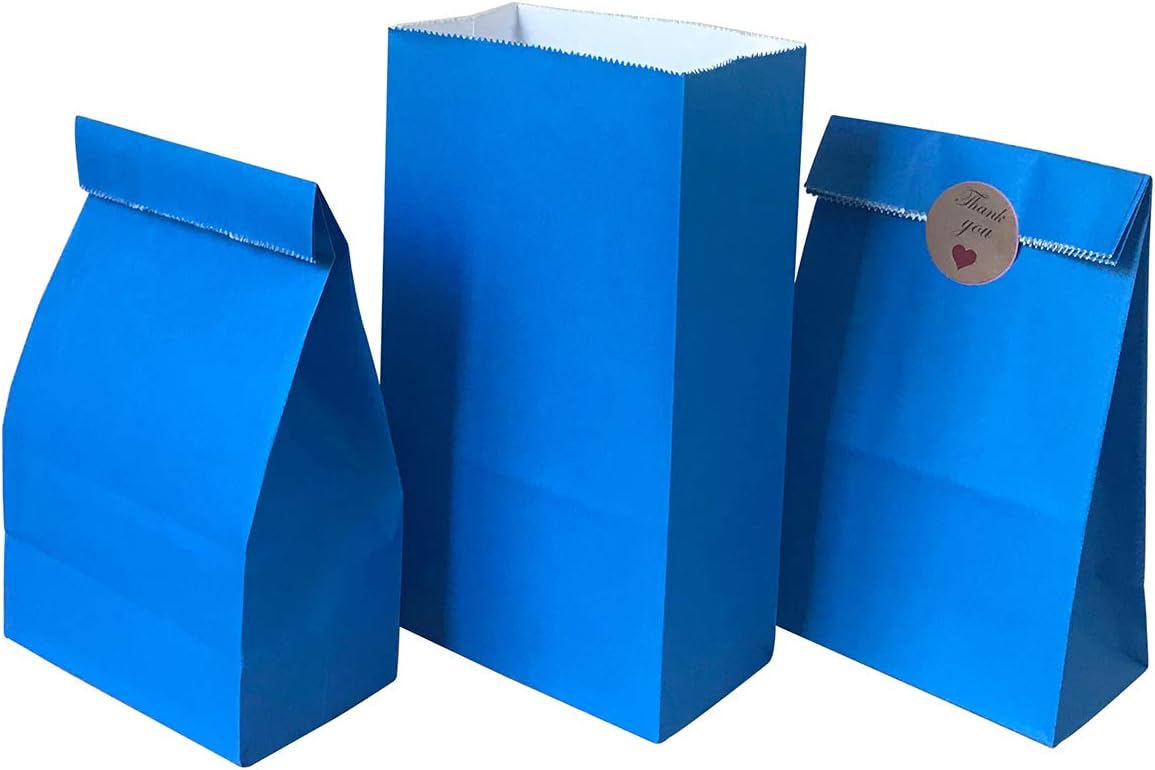 Party favor Bag 50 pcs Food Safe Paper and Ink, Natural (Biodegradable), Vivid Colored Self-stand Buffet Bags, Bottom Square Paper Treat Bag. with 60 pcs Stickers 1.5 inch. (Blue)…