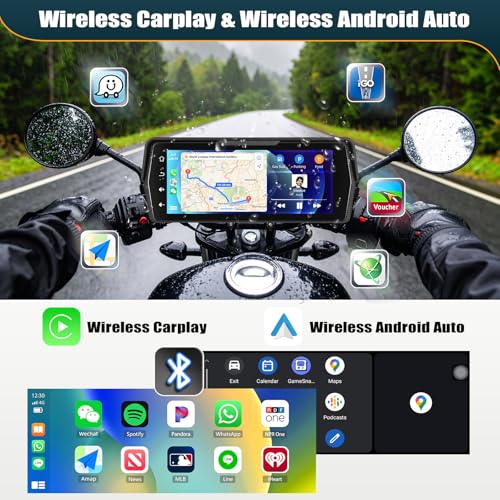 CMAECHO [2026] Motorcycle Dashcam Carplay with Front/Rear Camera, 6.86 Inch HD Touch Screen, IP68, Waterproof Motorcycles with Dual Bluetooth, WiFi, Android Auto, Mirror Link