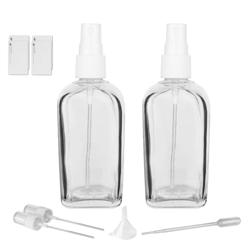 Glass Spray Bottle, Hydior Small Clear Fine Mist Essential oil Spritz Bottle With White Plastic Sprayer 3.4oz/100ml - 2 Pack