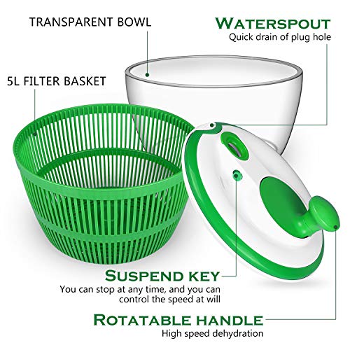 Salad Spinner, Hootech Large Vegetable Washer Dryer with Bowl, Lettuce Washer with Vegetable Chopper, Onion Slicer Food Dicer - 5L