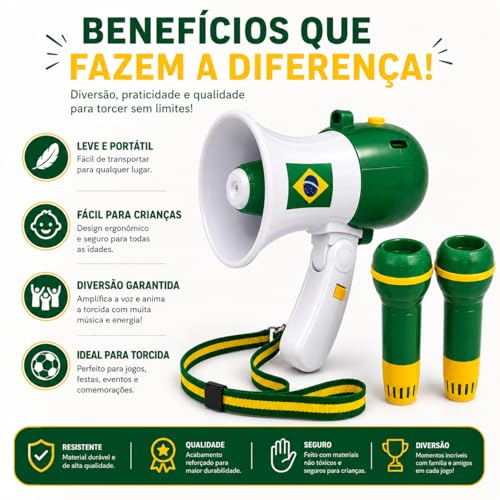 Kit Torcida Copa do Mundo com Mini Megafone + 2 Microfones | Som de Torcida Brasileira + Função Amplificador de Voz | Brinquedo para Festa, Jogos, Copa e Comemorações