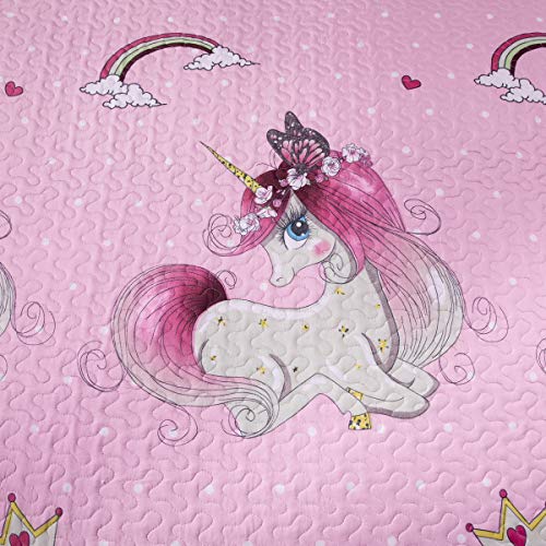 Kids Unicorn Quilt Set with Sham Twin Size Animal Cartoon Bedding Set Soft Reversible Bedspread Coverlet All Season Bed Set for Kids Teens Girls, 1 Quilt 2 Pillowshams, Pink