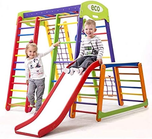 SportBaby Kids Home Wooden Playground Toboggan ˝Akvarelka-Plus-1-1˝, Swedish Ladder, Children, Baby, Climning net