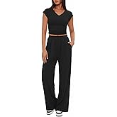 BTFBM Womens 2 Piece Outfits Spring 2026 V Neck Cap Sleeve Ruched Top Wide Leg Pants Sets Rib Knit Lounge Matching Set