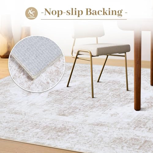 XLUEZ Area Rug 8x10 Living Room Rug, Machine Washable Vintage Distressed Medallion Rug Non-Slip Soft Low Pile Large Indoor Rugs for Bedroom Dining Room Office Children's Room (Beige,8'x10')