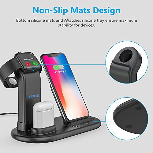 SEEKONE Wireless Charger 3 in 1 Wireless Charging Stand Dock Station for AirPods 2/1 and Watches 5/4/3/2/1, Qi Fast Wireless Charger Compatible with iPhone 8/8 Plus/X/XS/XR/XS Max/iPhone 11/11 Pro - Thumbnail 4