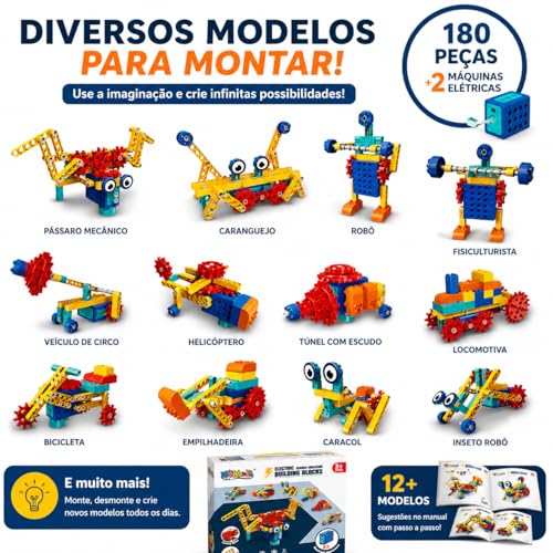 Blocos de Construção Eletrônico STEM – Kit de Engenharia Educacional com Motor, Engrenagens e Modelos Mecânicos | Brinquedo Educativo de Ciência e Robótica para Crianças 3+ Anos (180 Peças)