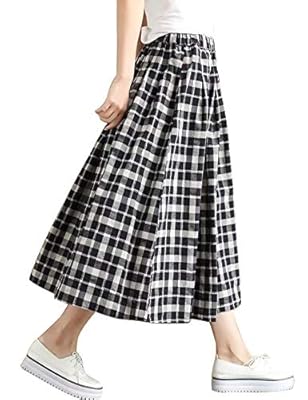 IDEALSANXUN Women’s Elastic Waist Retro A-line Plaid Pleated Midi Skirt