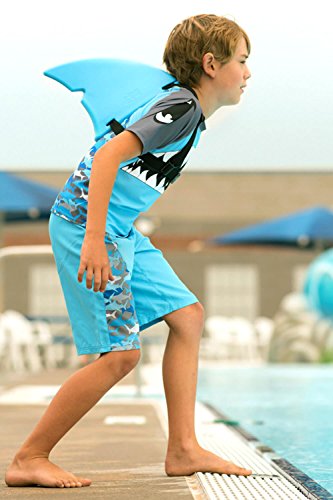 Fin Fun Boys Blue Shark Rash Guard and Board Short Swim Suit Set (Youth XL)