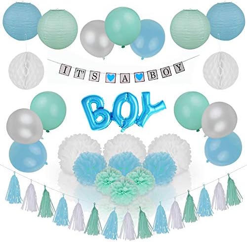 Spotlight Decor - It's A Boy Baby Shower Party Decorations | Gorgeous Tri-Color Set Includes Mint Green, Baby Blue & White Balloons, Banner, Paper Lanterns, Pom Poms & Party Tassels | Easy to Assemble