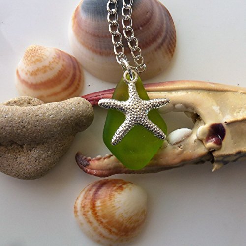 Green sea glass ocean necklace talisman surf beach for girls and women on a 24" silver color amulet chain with nautical starfish delicate elegant young beach prime handmade mermaid tears jewelry