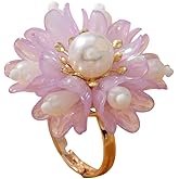 Cute Shell Pearl Flower Statement Ring for Women Gold Plated Dainty Petal Leaf Floral Wedding Promise Expandable Adjustable Open Wrap Finger Rings Comfort Fit Holiday Jewelry